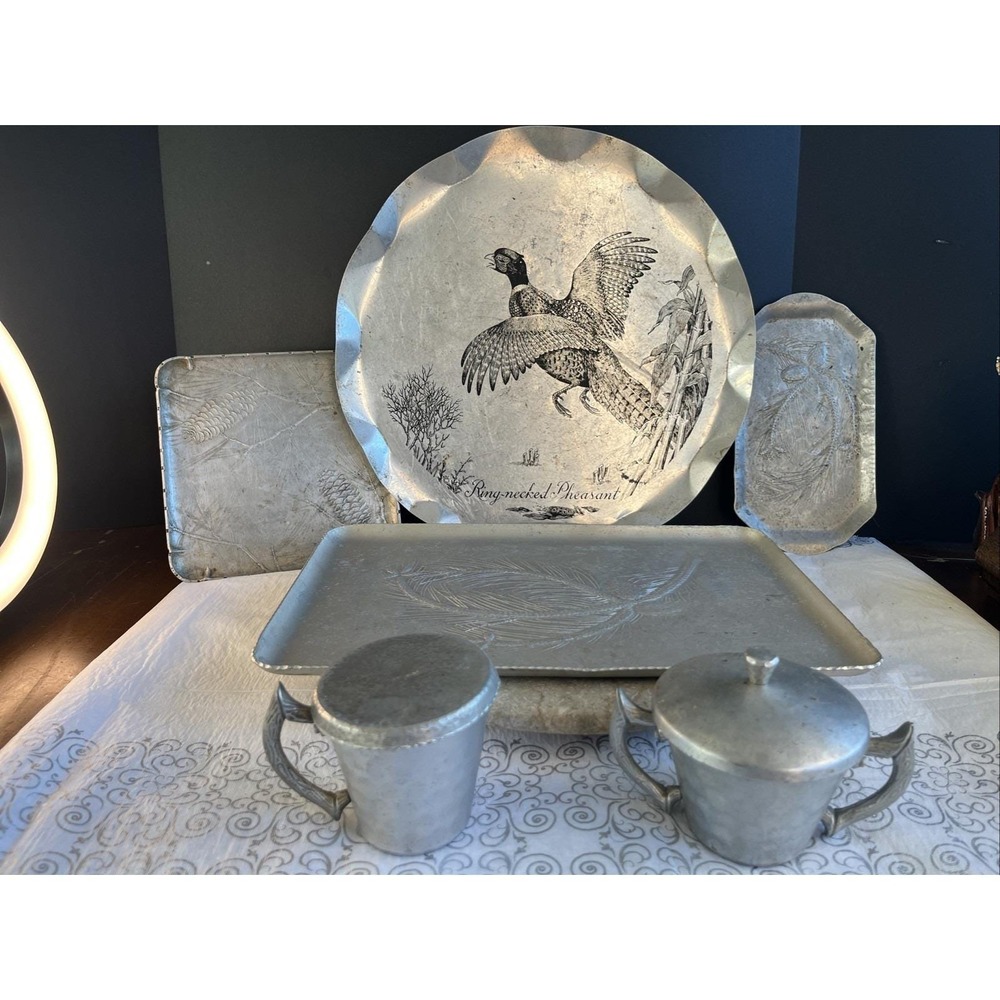 8 Pc Wendell Forge /Reynoldsburg Hand Hammered Aluminum Serving Tray Sugar/Cream